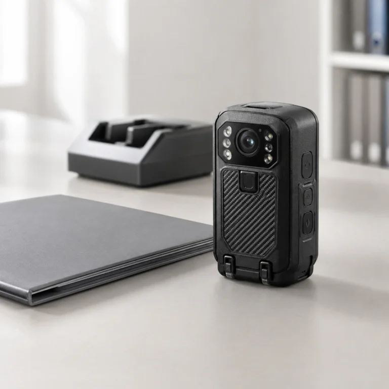 Body-worn camera standing on an office desk beside its docking station and a case file