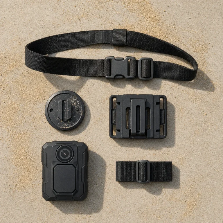 Body camera, magnetic mount, MOLLE plate and webbing straps laid out on sand, with sand collected on the magnet face