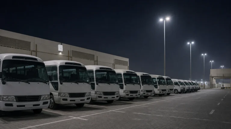 Fleet of buses parked in rows at a lit depot overnight