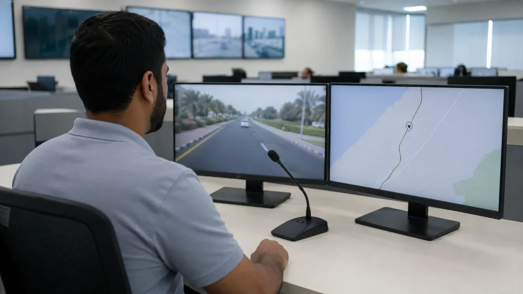 Control room operator watching a live vehicle camera feed alongside a GPS map of the route