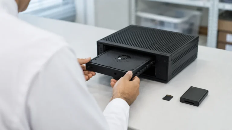 Hands sliding the removable drive caddy out of a mobile DVR, with an SD card and a portable drive on the desk