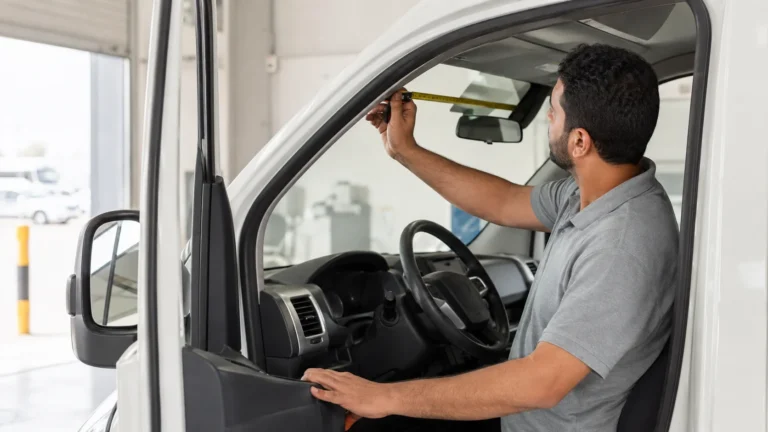 Engineer measuring the windscreen area of a van cab during a fitting survey