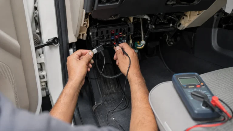 Technician testing a vehicle fuse box with a multimeter to take the power feed
