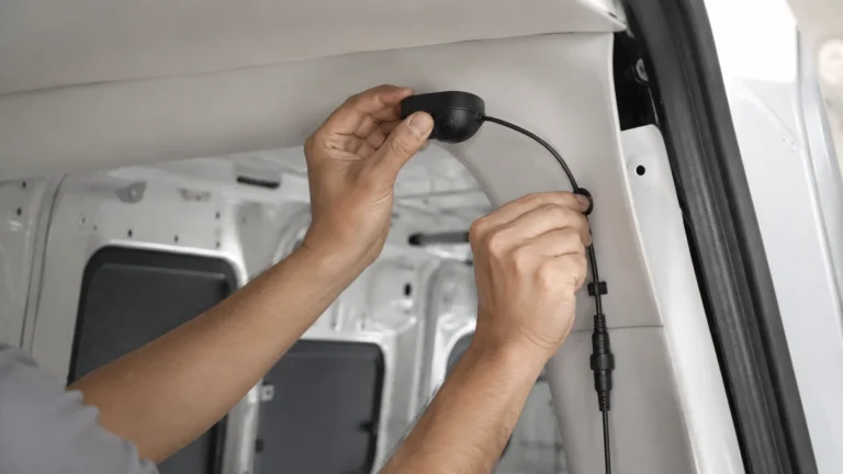 Technician mounting a camera to the roof lining inside a van load area
