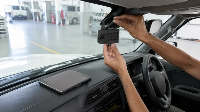 Technician setting a windscreen camera to the correct angle above the dashboard