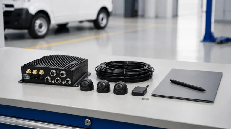 Mobile DVR, coiled cable, dome cameras and an as-fitted record laid out on a workshop bench