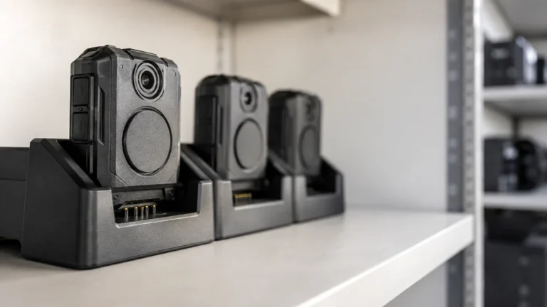 Body cameras seated in single-bay docking stations on a storage shelf