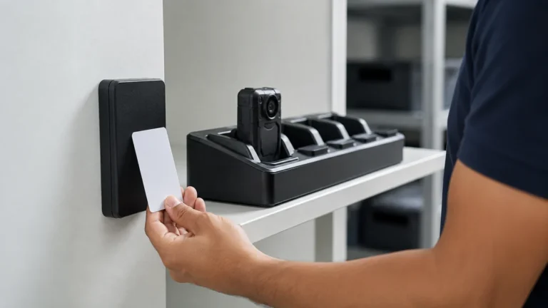 An officer tapping an access card on a wall reader beside a multi-bay docking station