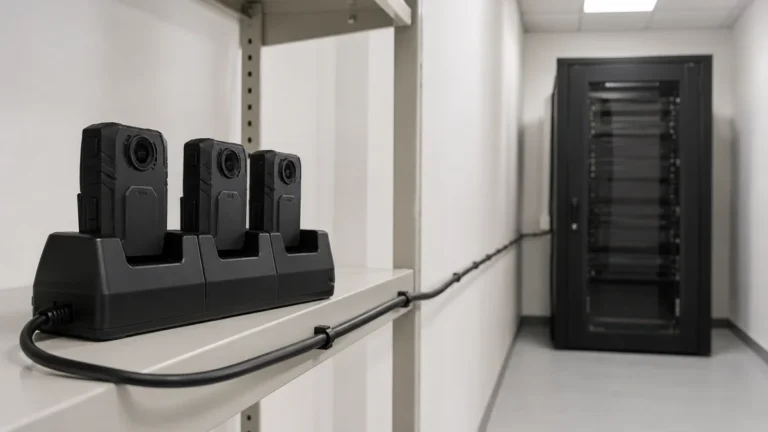 Docked body cameras cabled through to a server cabinet in the same room