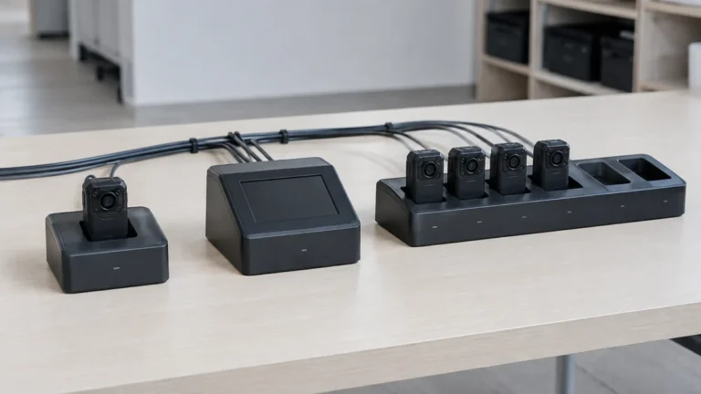 Docking stations on a desk with cameras charging and empty bays ready for the next shift