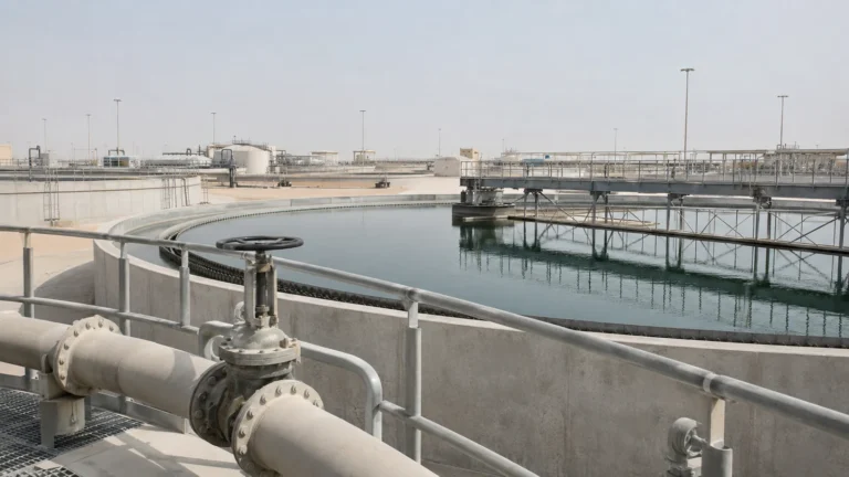 Circular clarifier tank and valve pipework at a water treatment works