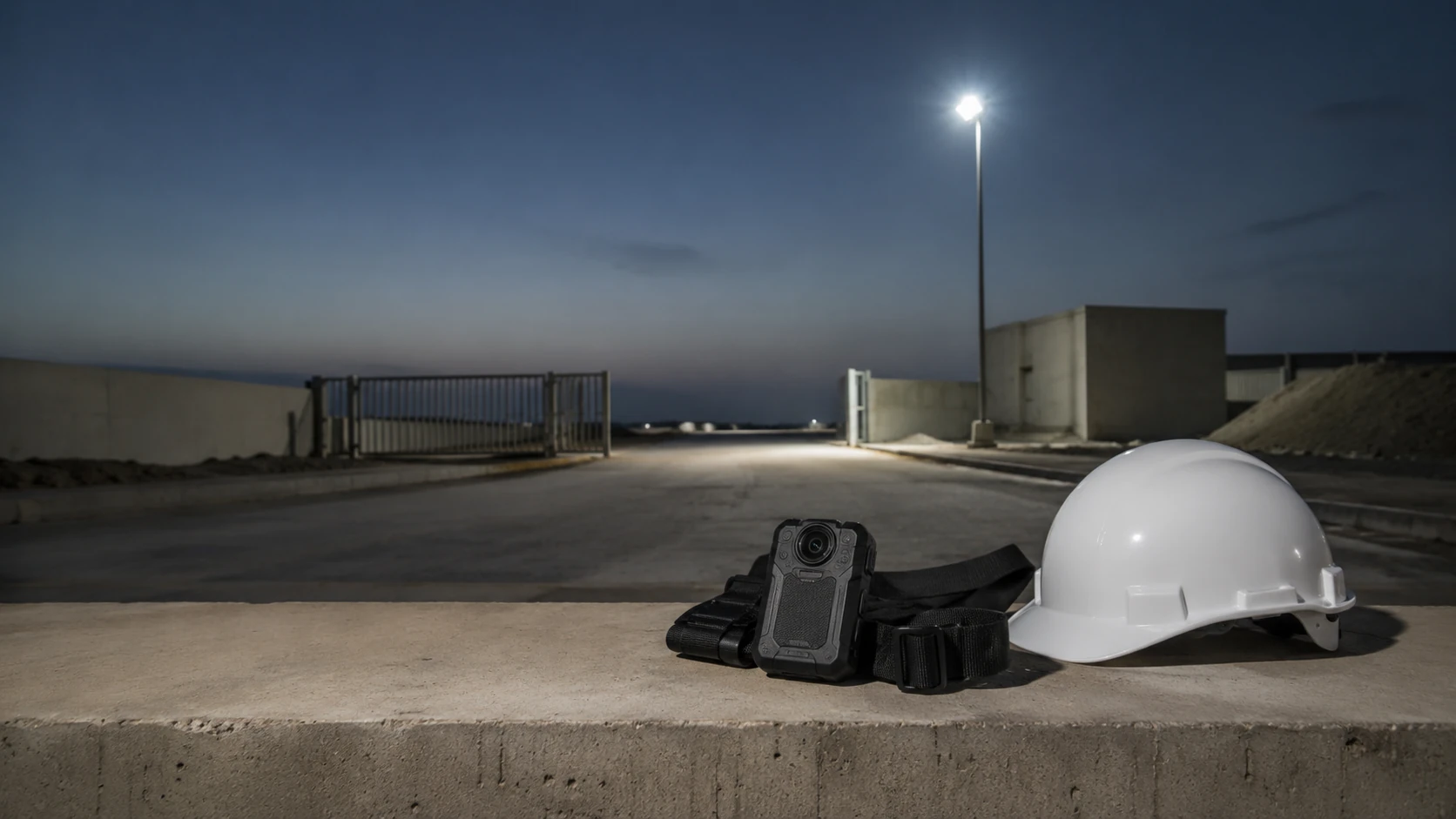 A body camera, harness and hard hat on a wall at a floodlit site at night