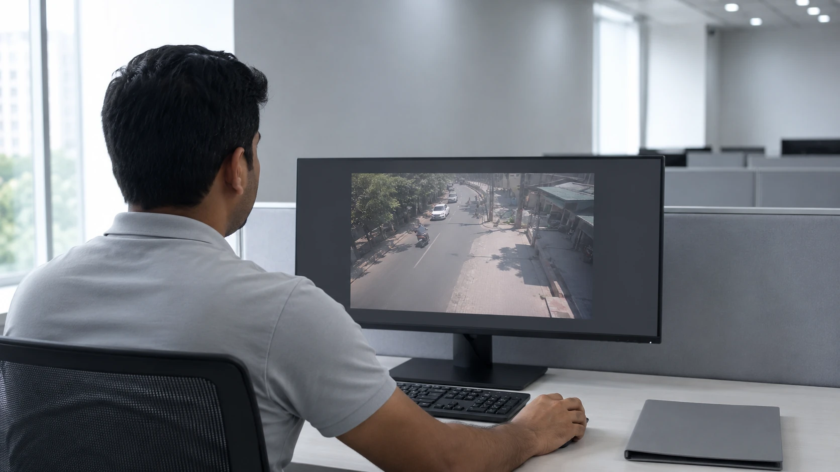 An officer reviewing a single recording on a widescreen monitor