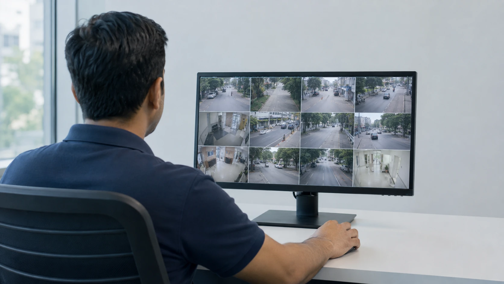 An operator scanning a grid of twelve recorded camera views