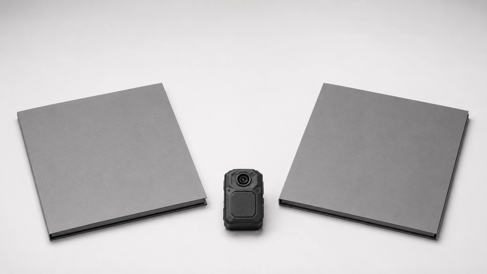 A body camera standing between two facing grey boards