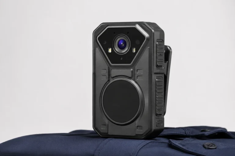 Body camera with a belt clip standing on a stack of folded uniform shirts