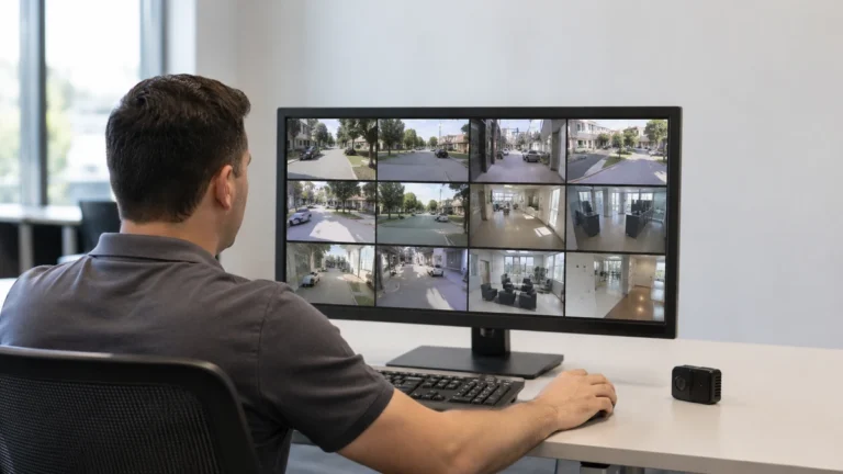 An operator reviewing recorded footage on a monitor at a workstation