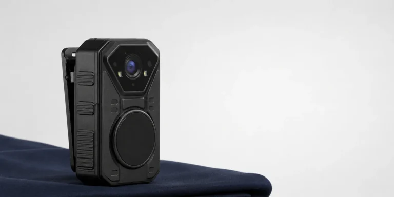 A body camera standing on a folded navy uniform