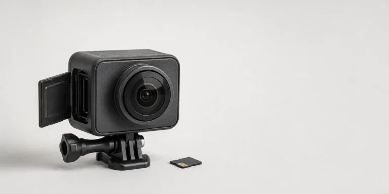 An action camera on a quick-release mount beside a memory card