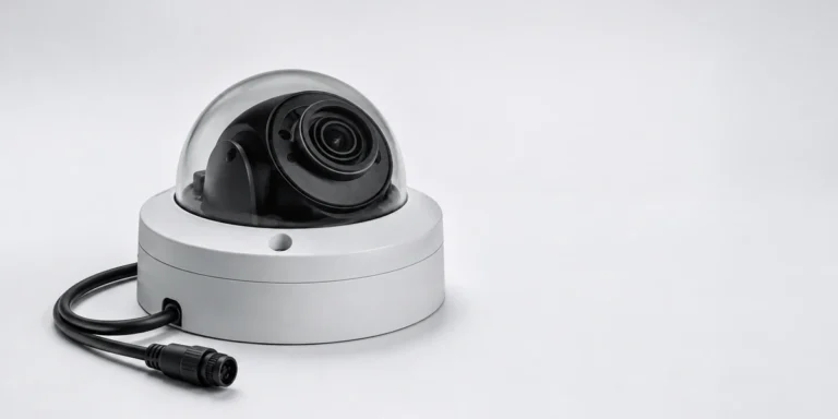 A white dome CCTV camera with its cable
