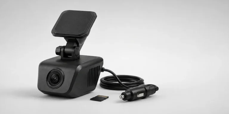 A dash camera with its windscreen mount, a memory card and a 12V plug