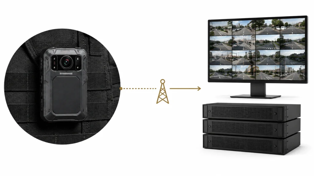 Body camera on a uniform streaming live over the mobile network to a control room monitor and servers