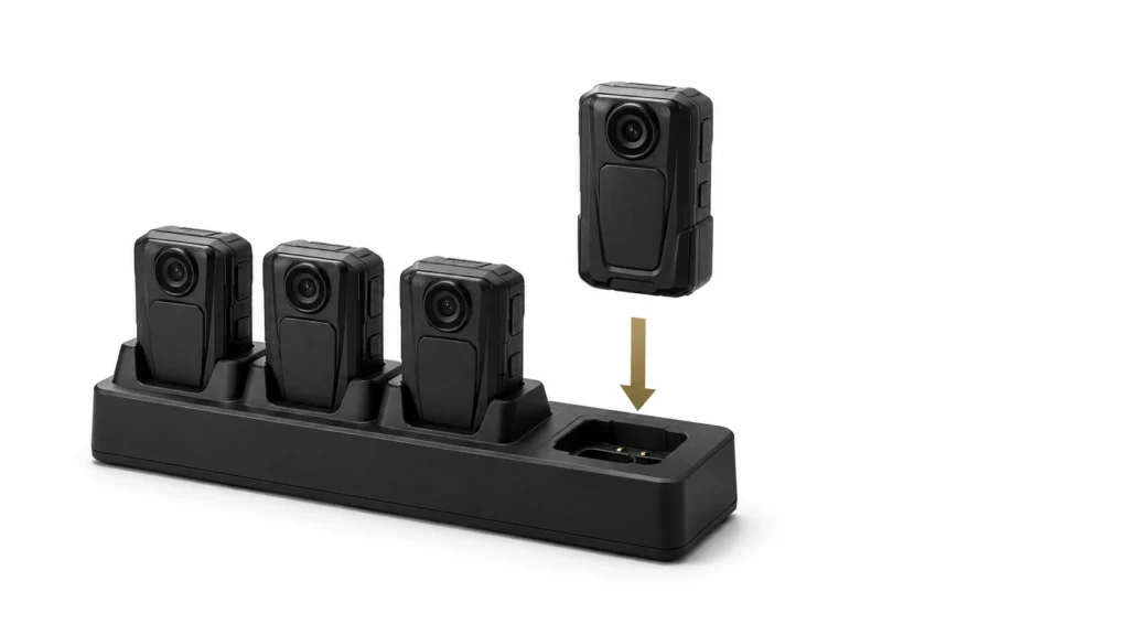 Body camera being lowered into the empty bay of a four bay docking station, three cameras already charging