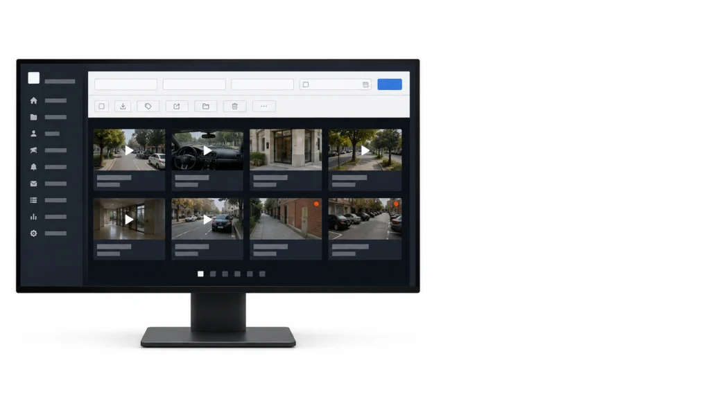 Digital evidence management software on a monitor showing recorded clips with search, tagging and sharing tools