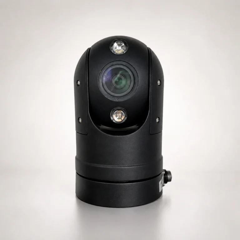 Xignal C814 vehicle PTZ camera, a compact dome head in black showing the zoom lens between two infrared lamps, on its cylindrical rotating base