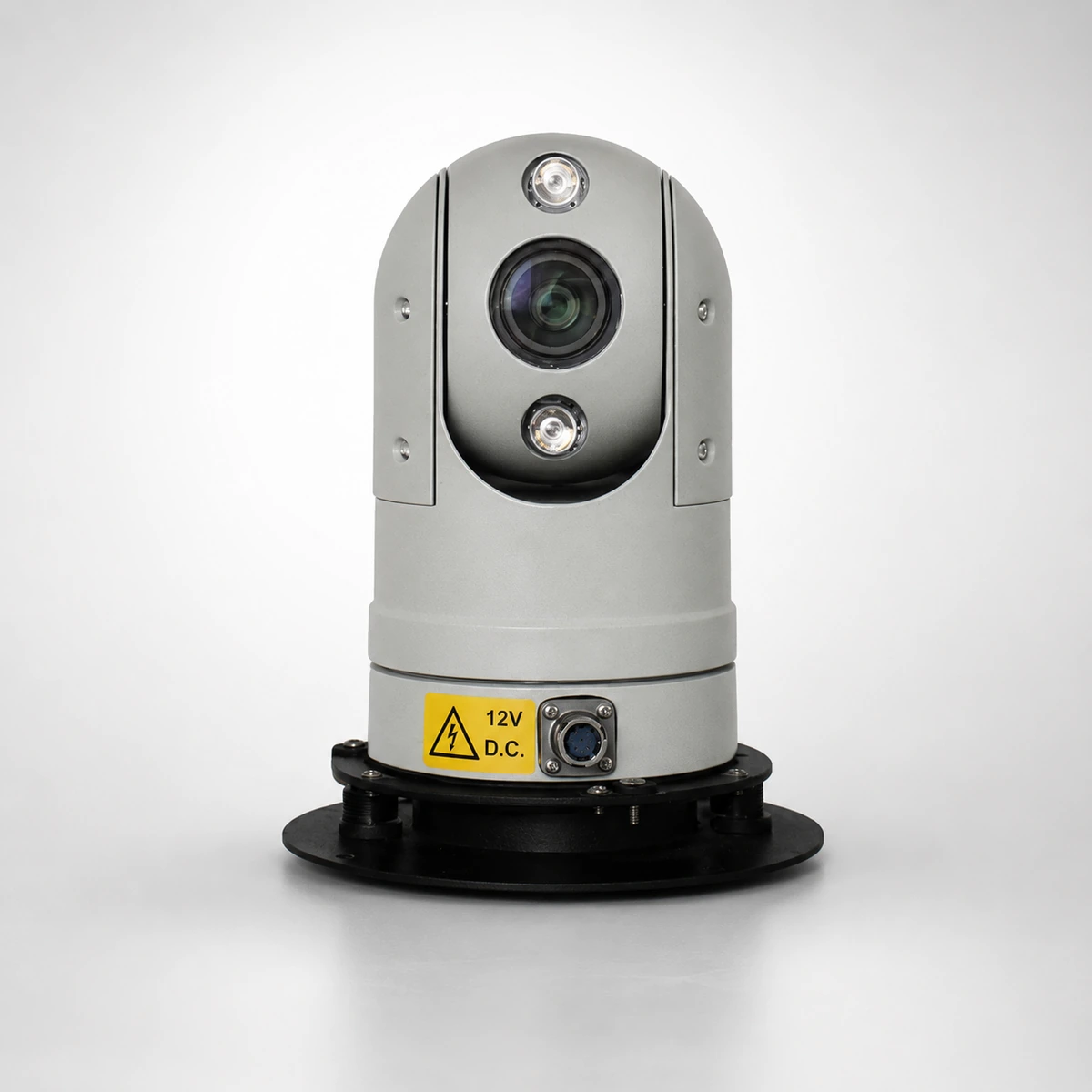 Xignal C814 vehicle PTZ camera in light grey, seen with the round vehicle mounting flange and the aviation power connector at the base