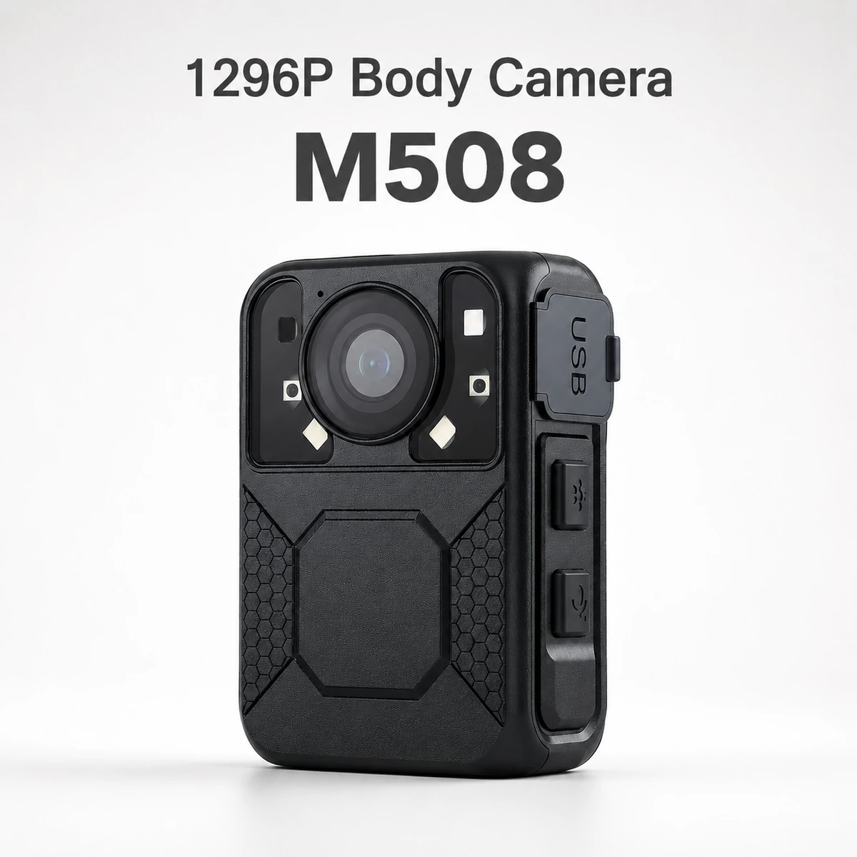 Xignal Pro M508 body camera at a three quarter angle, labelled 1296p, showing the lens, infrared lamps, USB cover and side keys