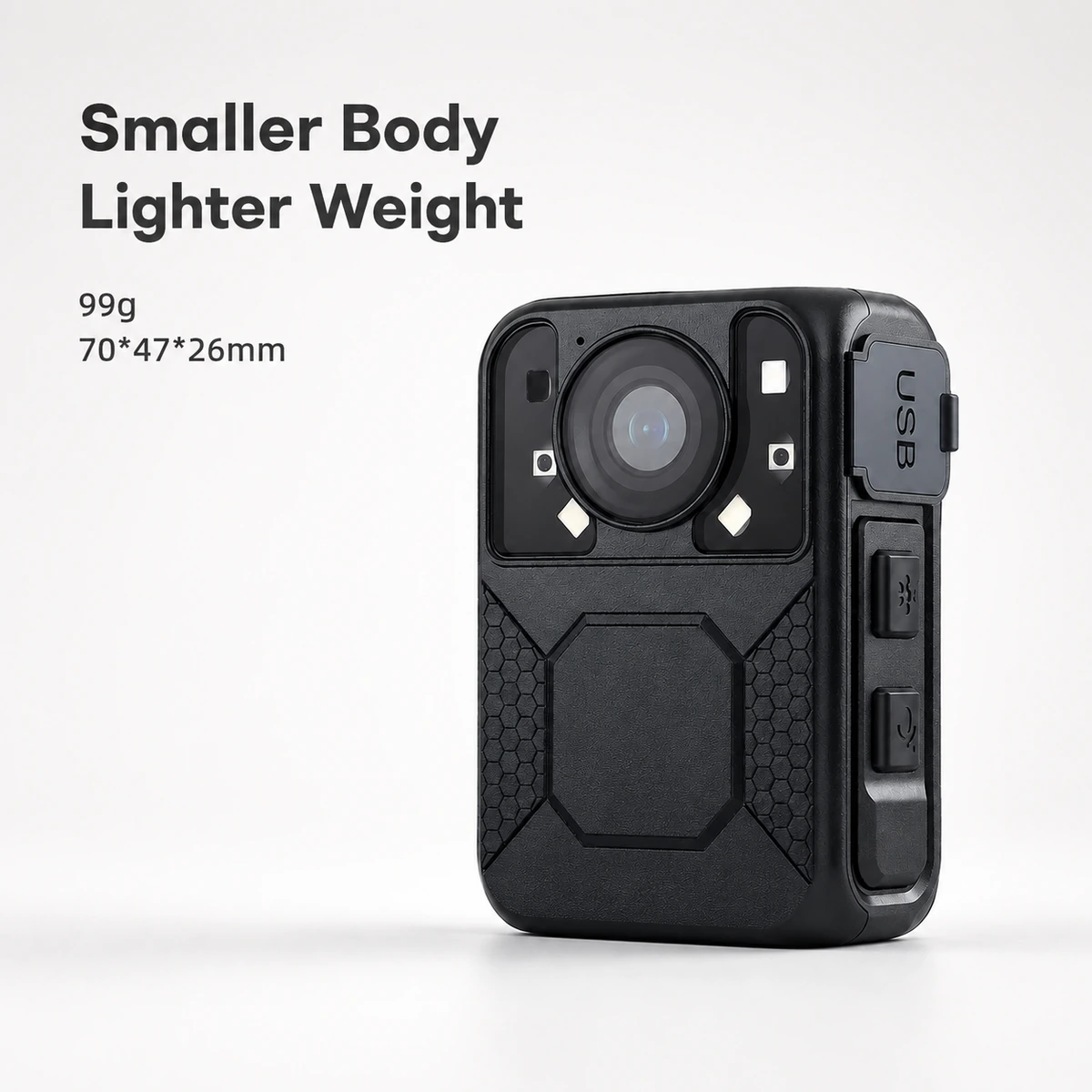 Xignal Pro M508 body camera labelled 99 grams and 70 by 47 by 26 millimetres, showing its compact honeycomb textured housing