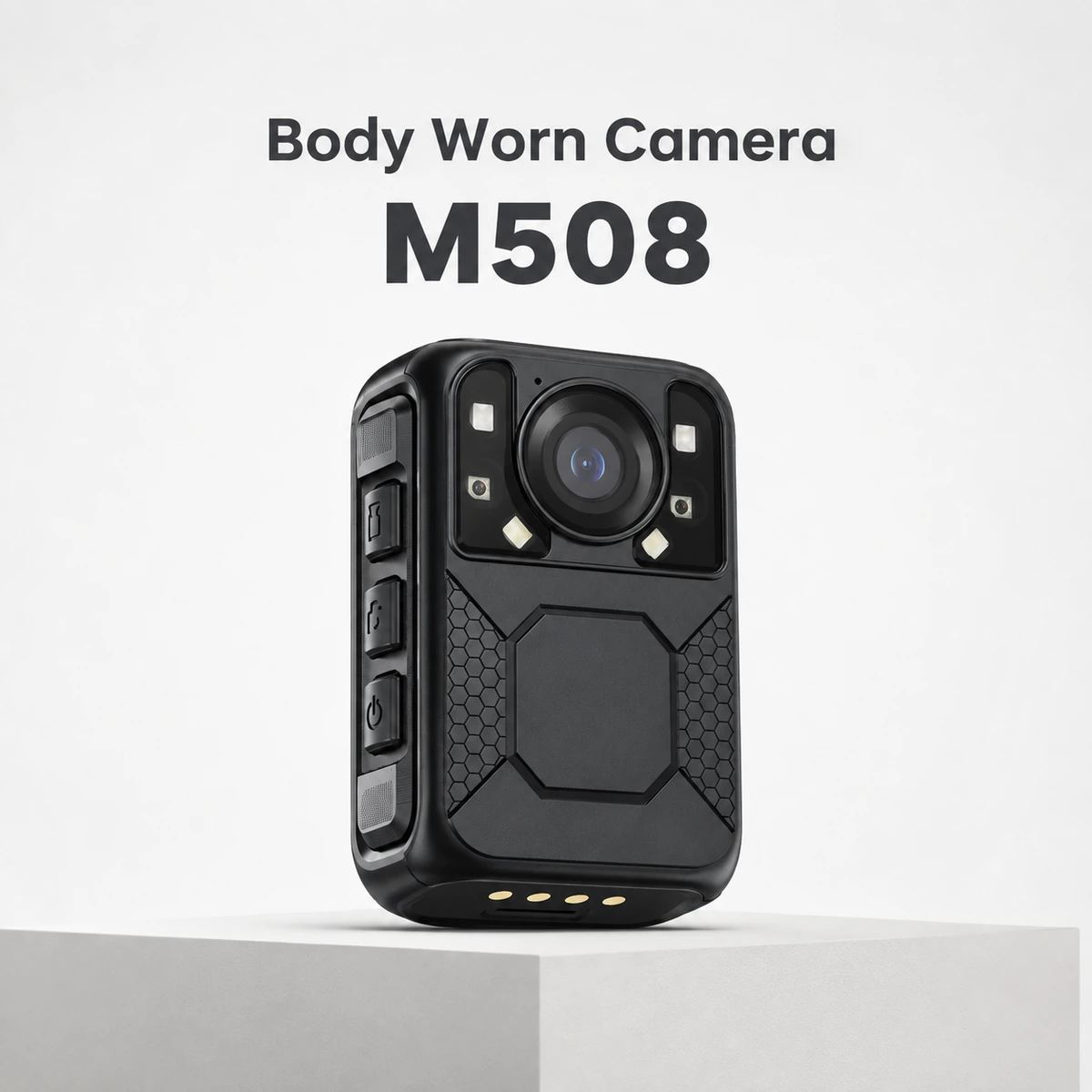 Xignal Pro M508 body camera from the opposite side, showing the button column, the microphone grilles and the gold dock charging pins on its base
