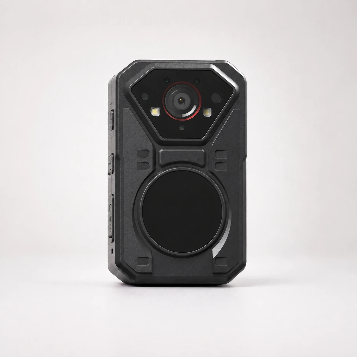 Xignal M520 4G body camera, front view showing the infrared camera module and the round record pad
