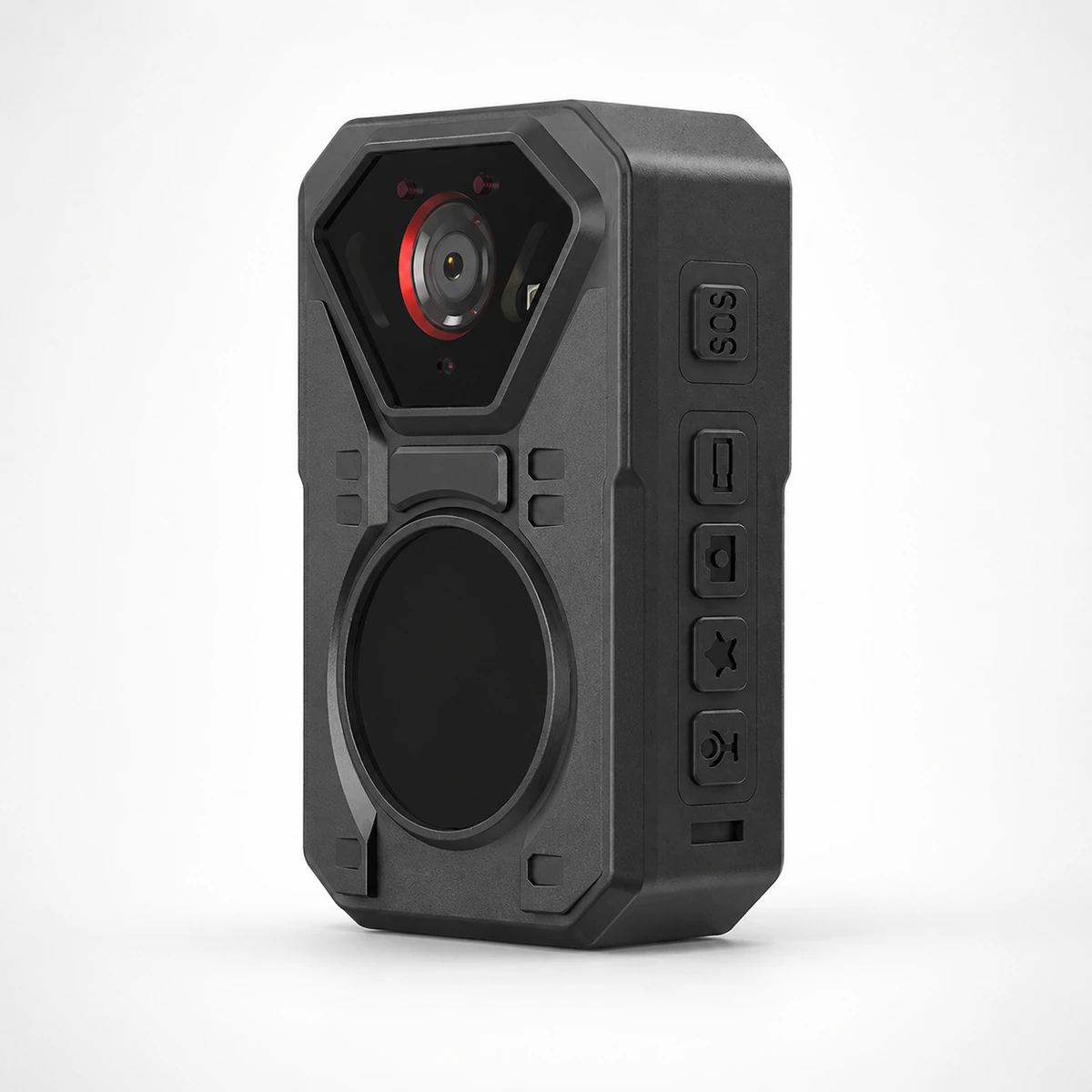 Xignal M520 4G body camera at an angle, showing the SOS key and the column of function keys on its side