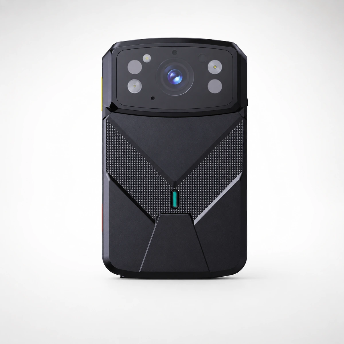 Xignal M530 4G body camera, front view showing the infrared camera module and chevron patterned housing