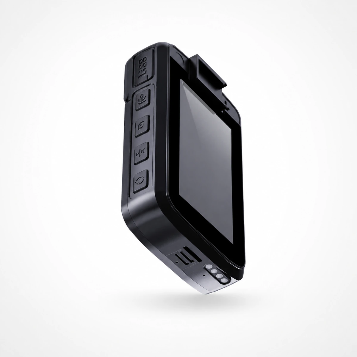Xignal M530 4G body camera close angle on the display, showing the microphone, photo and playback function buttons