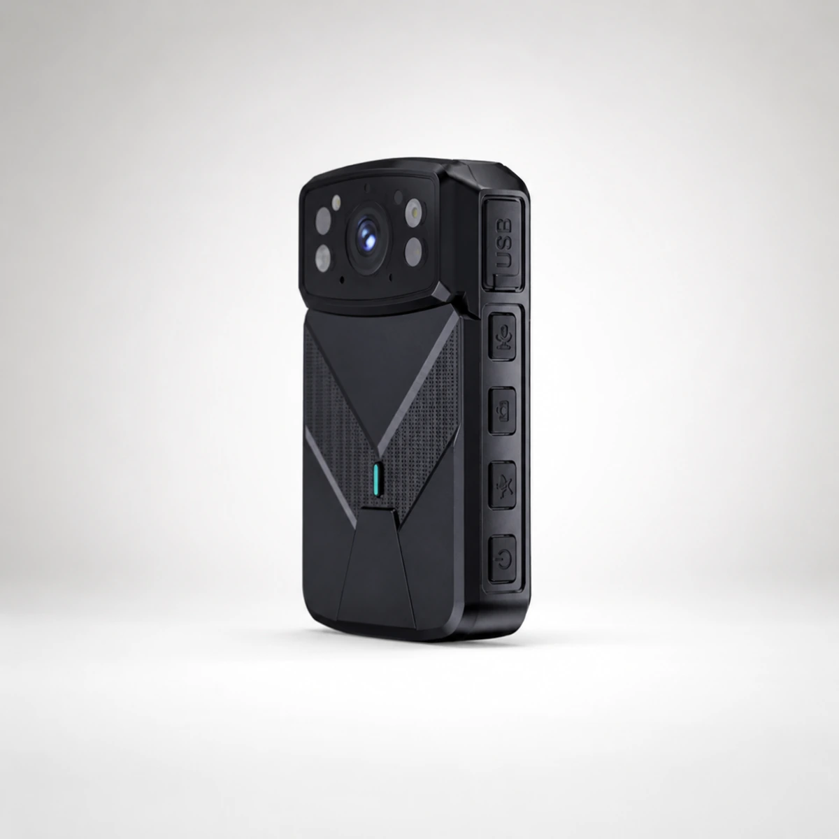 Xignal M530 4G body camera at an angle, showing the USB Type-C port and the column of side control keys