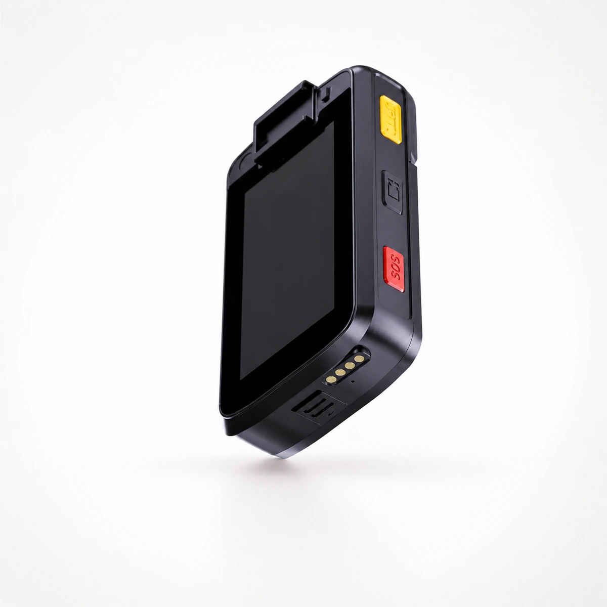 Xignal M530 4G body camera tilted to show the red SOS key and the gold dock charging contacts on its base