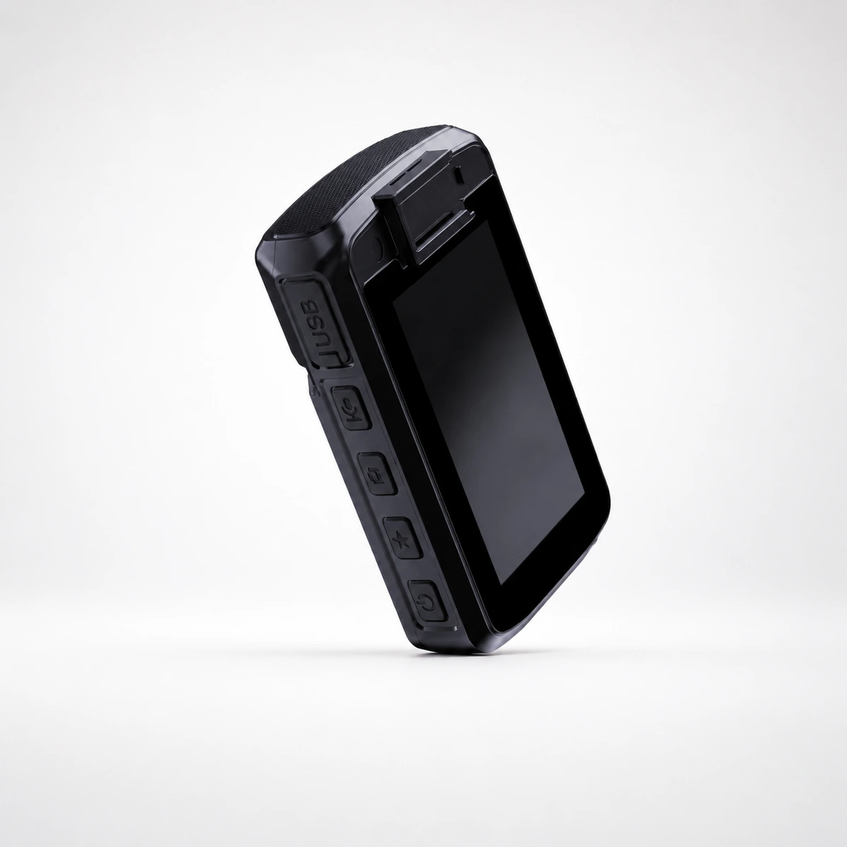 Xignal M530 4G body camera from the display side, showing the speaker grille and the USB Type-C port on the edge