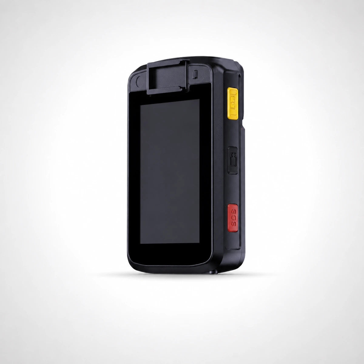 Xignal M530 4G body camera, display side showing the 3.1-inch touchscreen with the record and red SOS keys on the edge