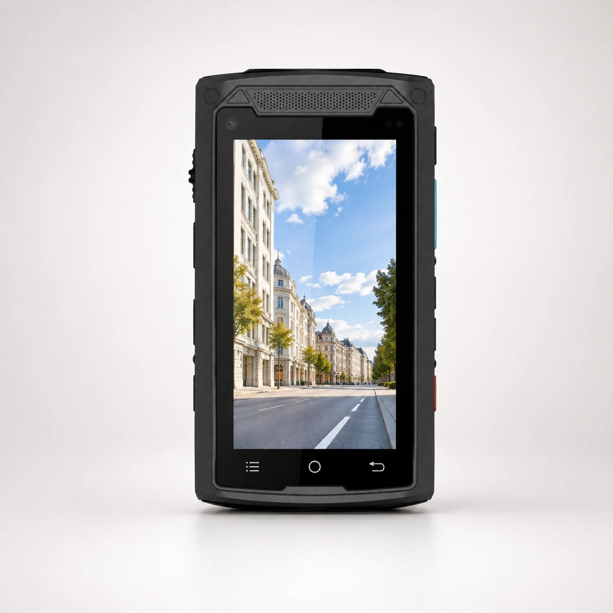 Xignal Pro M535 5G body camera, display side showing a live street view on the 3.1 inch colour touchscreen above the Android navigation keys