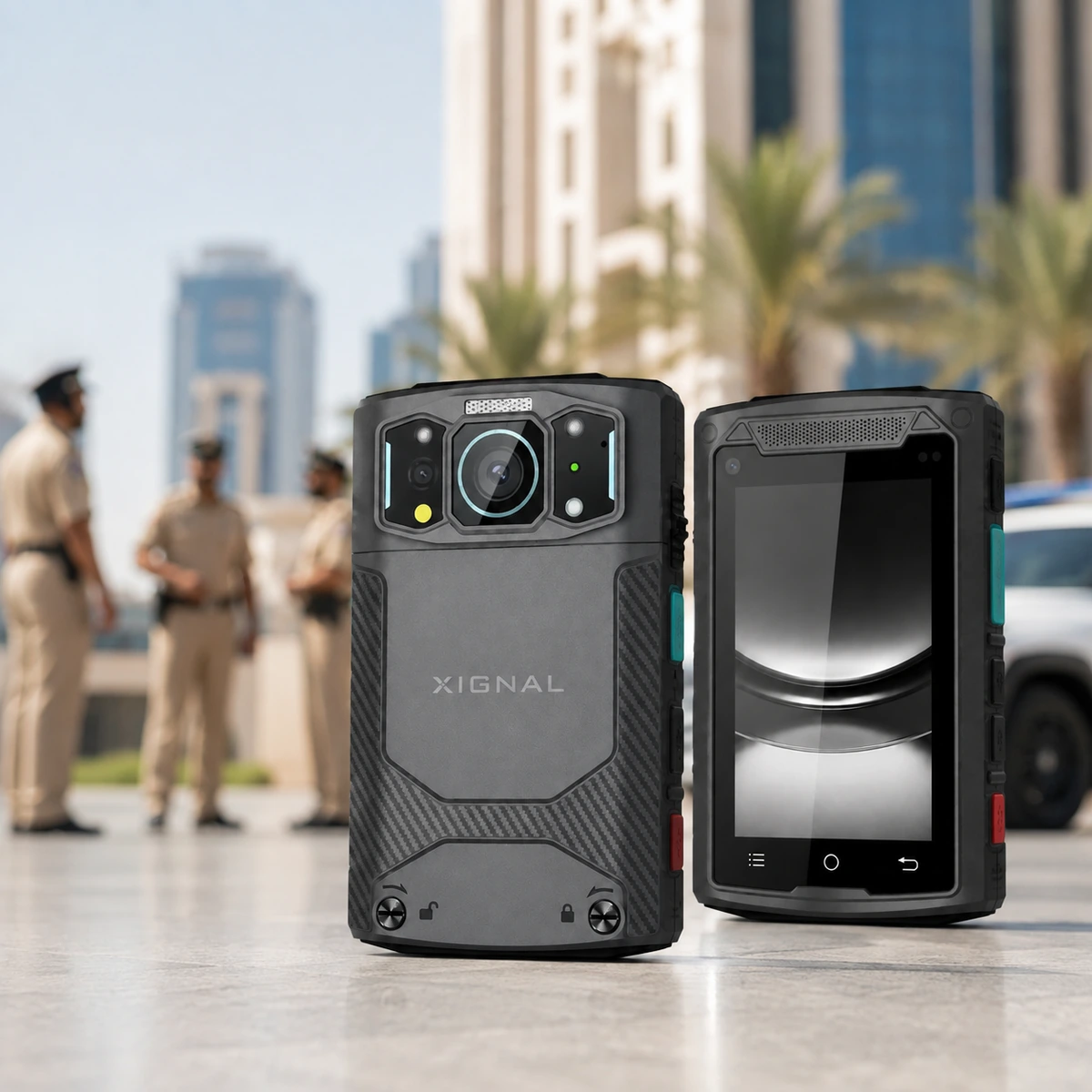 Two Xignal Pro M535 5G body cameras front and rear, shown on a UAE street with uniformed security officers in the background