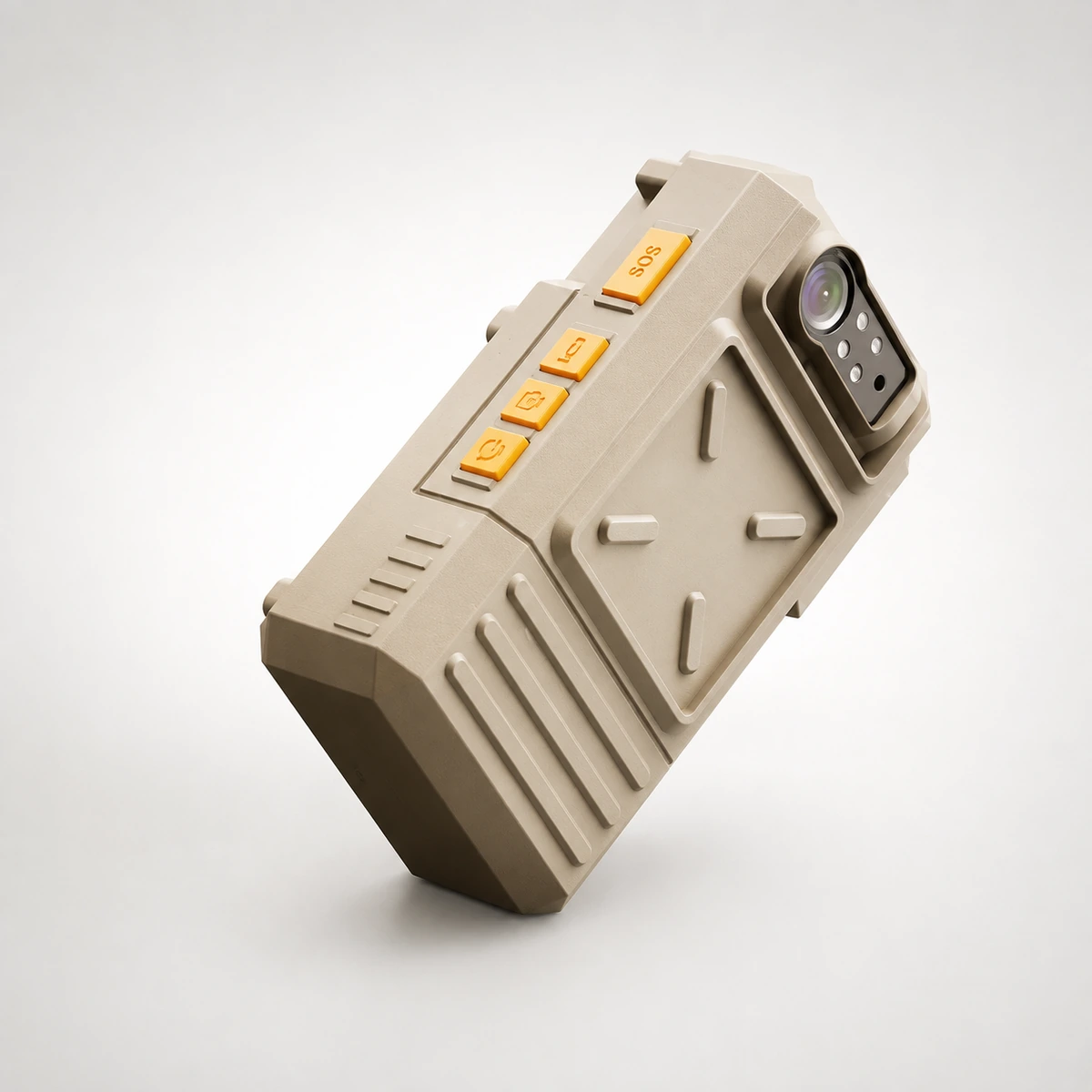 Xignal M540 4G helmet camera from the opposite angle, showing the mount plate, the ribbed battery unit and the camera module