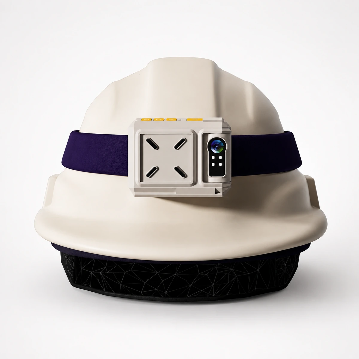 Xignal M540 4G helmet camera strapped to the front of a white safety helmet with the lens facing forward