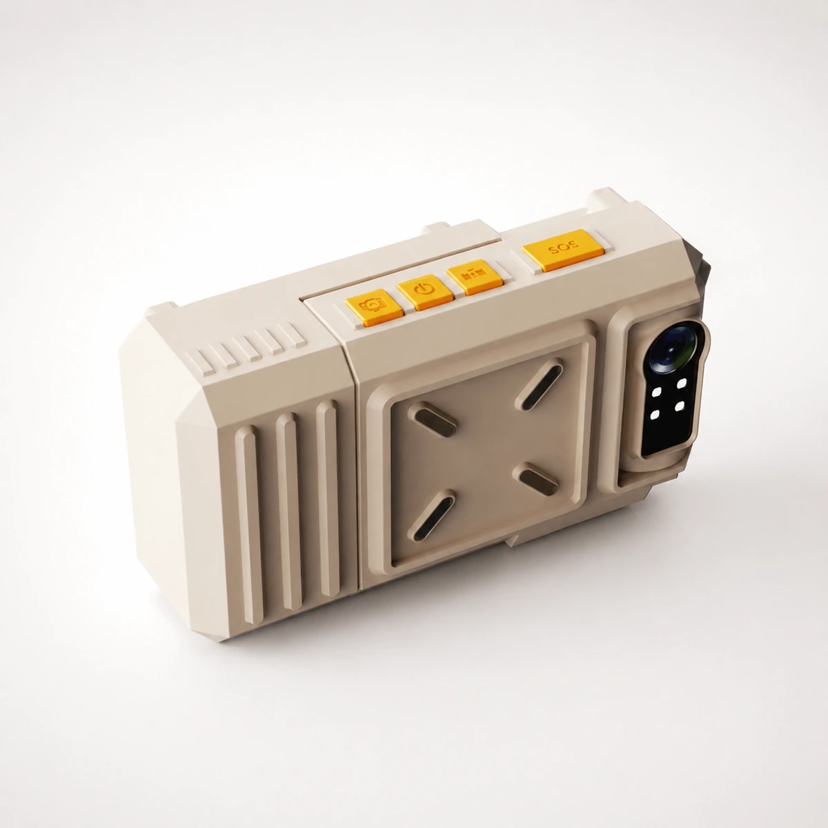Xignal M540 4G helmet camera in three quarter view, showing the function keys, the mount plate and the camera module with its white light lamps