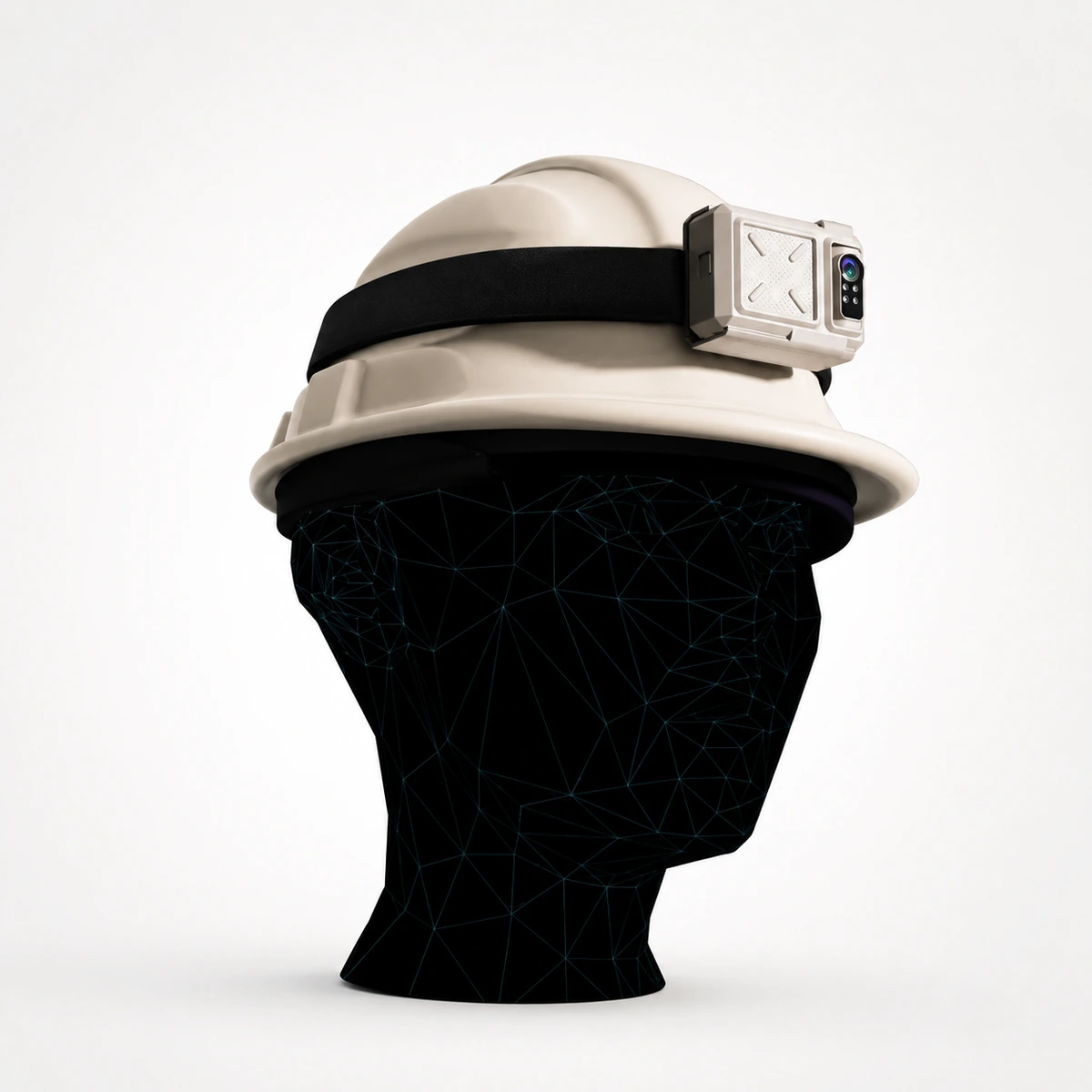 Xignal M540 4G helmet camera mounted on the side of a safety helmet worn on a head form, sitting at the wearer eyeline