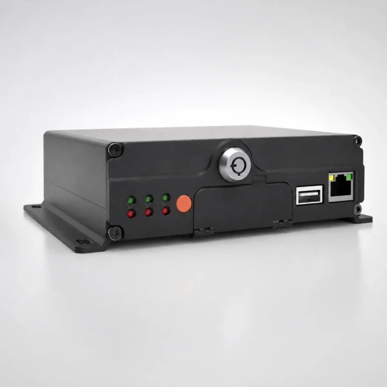Xignal M605 AI mobile DVR, front three quarter view of the low profile chassis showing the mounting flanges, status indicators, key lock, hinged SD card door, USB port and RJ45 network port