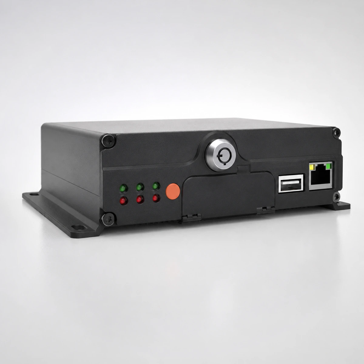 Xignal M605 AI mobile DVR, front three quarter view of the low profile chassis showing the mounting flanges, status indicators, key lock, hinged SD card door, USB port and RJ45 network port