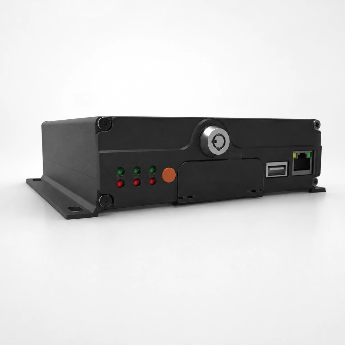 Xignal M605 mobile DVR seen close to eye level, showing how shallow the chassis is and the flanges it mounts on
